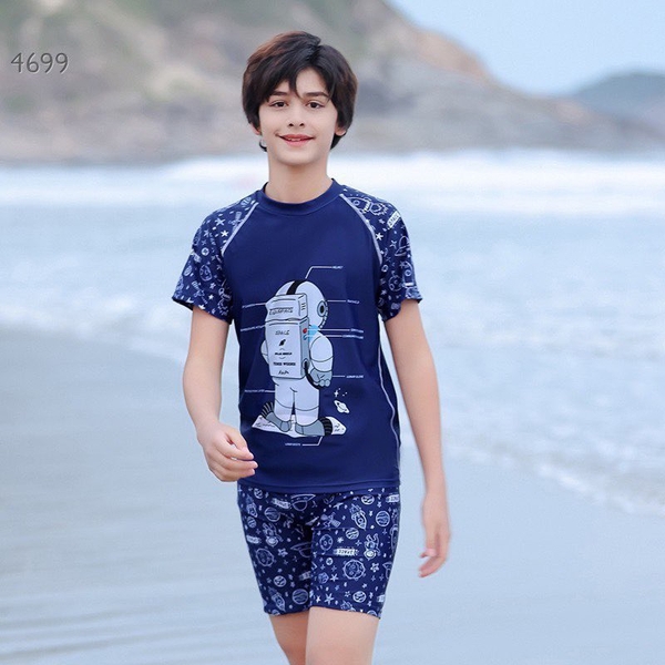 Bộ bơi bé trai YLIKE tay phối phi hành gia họa tiết sao, trái đất màu navy