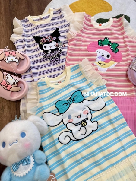 Váy cánh tiên CÓ TÚI kẻ ngang phối trắng hình Cinnamoroll, My Melody, Kuromi
