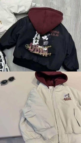 Áo khoác bomber trần bông có mũ Mickey GOD 2 màu đen, be