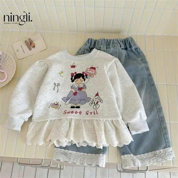 Set áo nỉ Ningli màu xám bé gái quần jeans phối ren