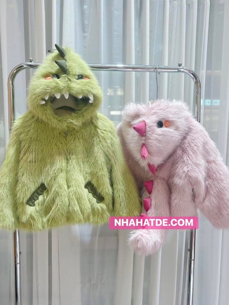 Áo khoác lông khủng long 2 màu xanh, hồng