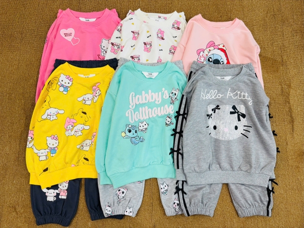 Bộ nỉ da cá Hiunikids dài tay bé gái 6 mẫu Hello Kitty, Sanrio, Gabby, Stitch