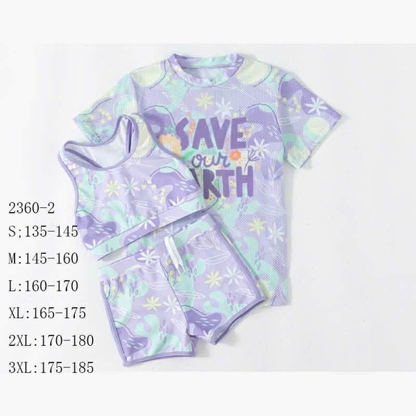 Bộ bơi lưới 3 món Save Our Earth Ylike áo bra quần sooc màu tím loang