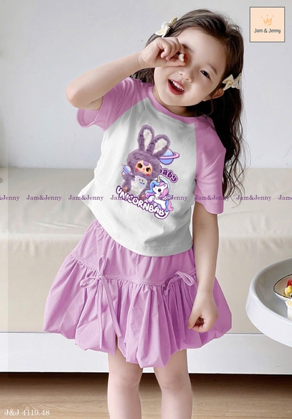Bộ cotton cộc tay tím BABY THREE UNICORN hãng Jam&Jenny chân váy xòe đính nơ phối áo tay raglan tím-trắng