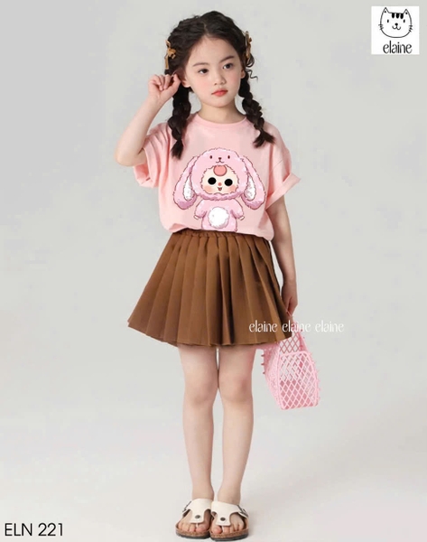 Bộ cotton Baby Three áo hồng mix chân váy nâu hãng Elaine