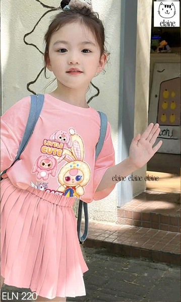 Bộ cotton hồng Baby Three Pony áo mix chân váy xếp ly hãng Elaine