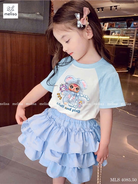 Bộ cotton cộc tay Melisa baby three chân váy bồng màu xanh dương-trắng