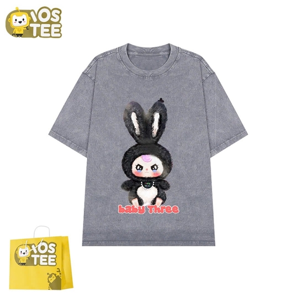 Áo phông 2 màu XÁM và XANH cotton cộc tay loang IOSTEE hình Baby Three THỎ