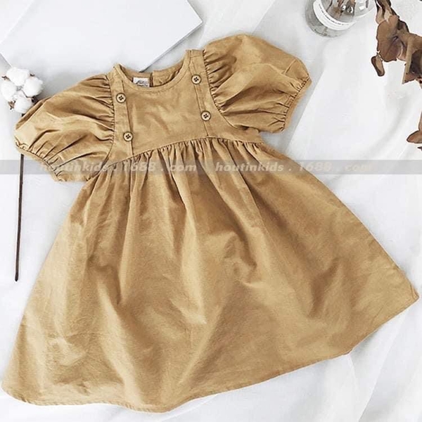 Váy vintage màu nâu tây chất thô cho bé