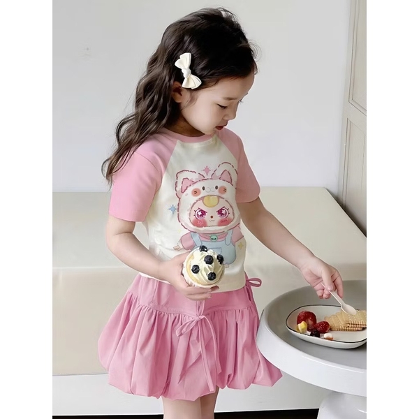 Bộ Baby Three mèo áo raglan trắng hồng mix chân váy nơ