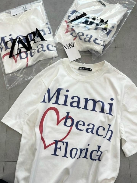 Áo cotton cộc tay Zara Miami Beach màu trắng