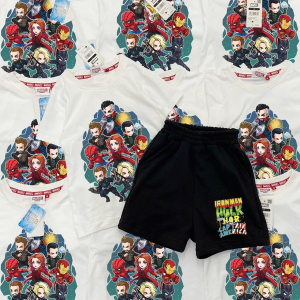 Bộ cotton cộc tay Marvel Comics áo trắng quần đen