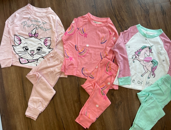 Bộ cotton H&M dài tay thu đông 3 mẫu Mèo Marie, Unicorn, cầu vồng hồng cam