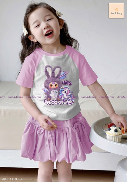 Bộ cotton cộc tay tím BABY THREE UNICORN hãng Jam&Jenny chân váy xòe đính nơ phối áo tay raglan tím-trắng