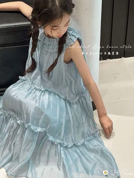 Váy maxi tơ lụa cổ ren màu xanh ánh hãng Hi.Sun