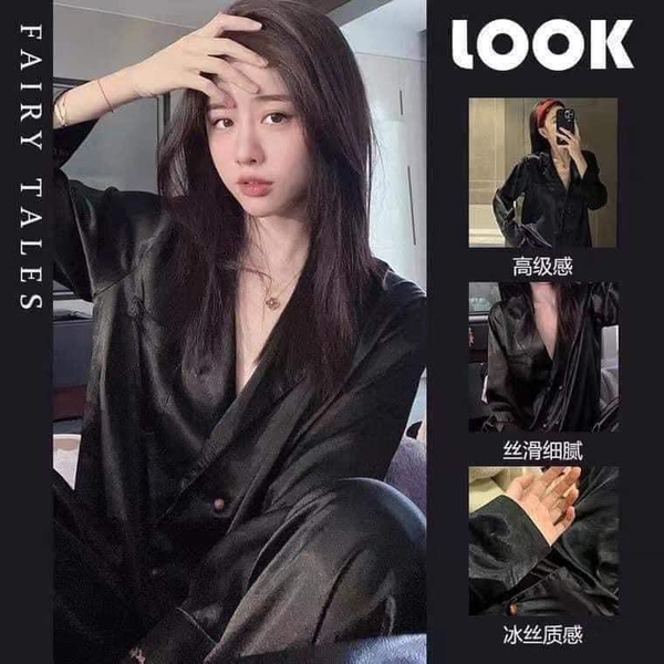 Pyjamas lụa xước gân 3 màu đen, tím, rêu cho nữ