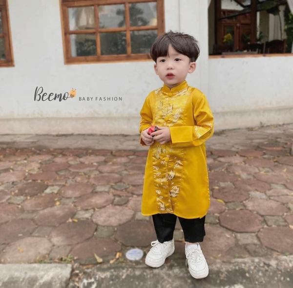 Áo dài gấm cách tân Beemo bé trai thêu chim phụng 2 màu đỏ, vàng