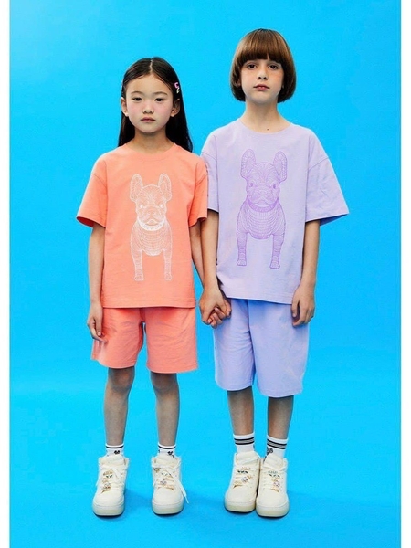 Bộ cotton cộc tay hình chú chó Life Work màu xanh, tím, cam