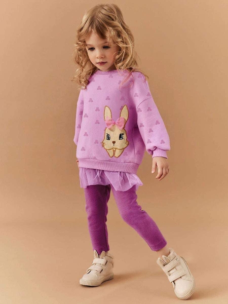 Bộ áo nỉ phối voan quần legging tăm màu tím thêu hình thỏ hãng Little Maven