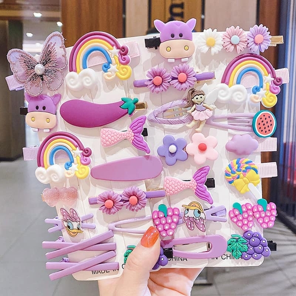 Set 14 kẹp tóc cho bé 4 màu: tím, vàng, hồng, xanh