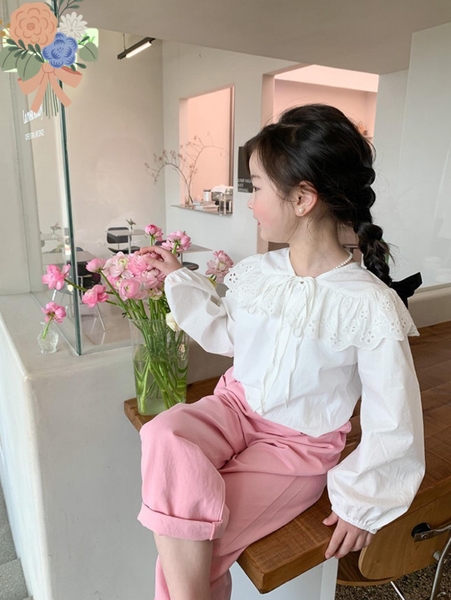 Bộ thô Mia Kids áo sơ mi trắng cổ bèo thắt nơ, quần suông hồng
