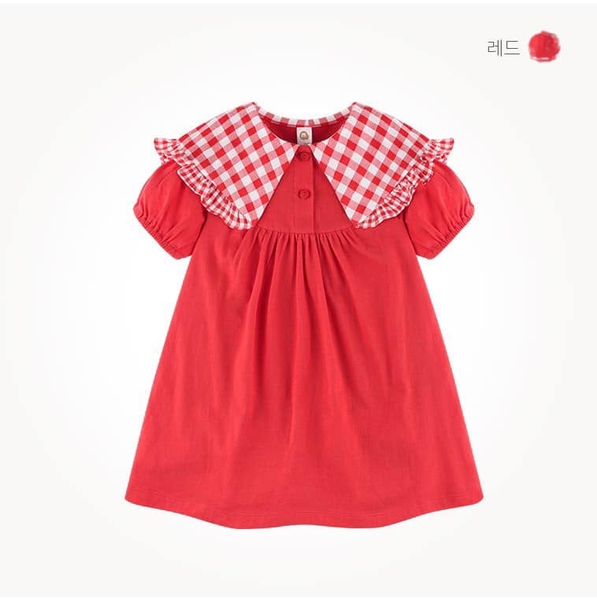 Váy cotton cộc tay Milkmile 2 mẫu đỏ cổ sen kẻ caro, váy phối tím-vàng-xanh