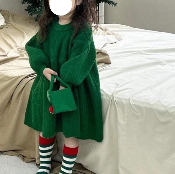 Váy len xanh lá tay bồng Hanmo cho bé gái