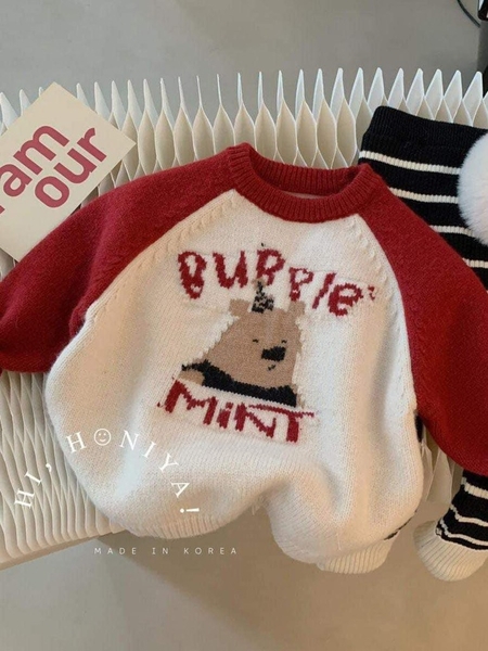 Áo len gấu phối raglan đỏ trắng be