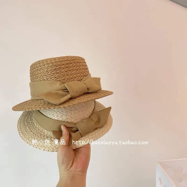Mũ cói nơ ngắn hai màu đậm nhạt cho bé