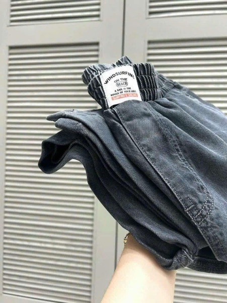 Quần jean denim xám khói cạp chun ống suông cho nữ