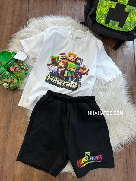 Bộ cộc tay Mine Craft áo trắng quần đen size đại