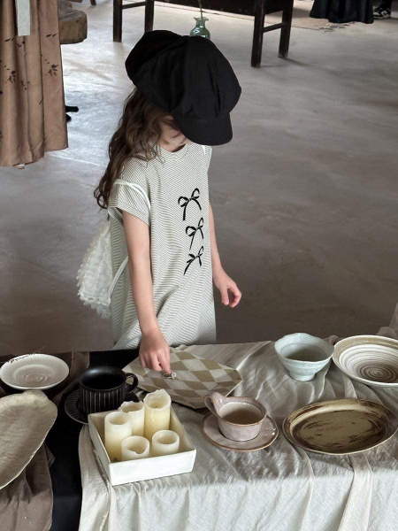 Váy cotton kẻ ngang hoạ tiết nơ dáng chữ A