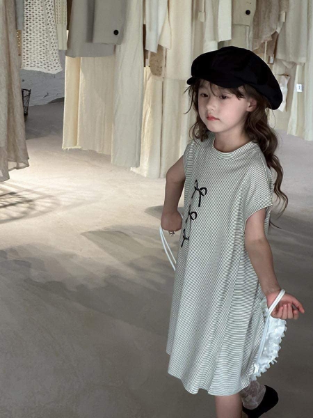 Váy cotton kẻ ngang hoạ tiết nơ dáng chữ A