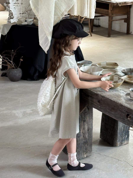 Váy cotton kẻ ngang hoạ tiết nơ dáng chữ A