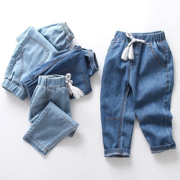 Quần jean giấy dài 4 mẫu cạp chun dây rút cho bé