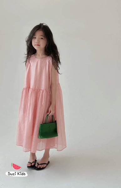 Váy voan hồng pastel Suzi Kids sát nách dáng maxi buộc nơ lưng