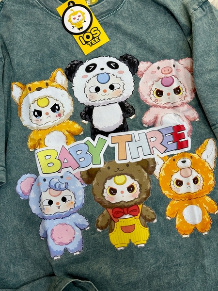 Áo phông XANH LÁ cotton cộc tay loang IOSTEE hình 6 bé Baby Three V3