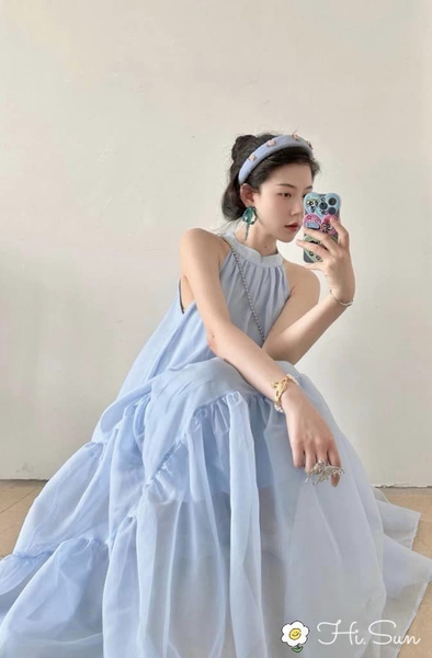 Váy cổ yếm Hi.Sun dáng xoè màu xanh dương mẹ và bé