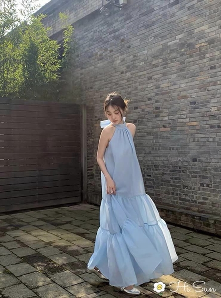Váy cổ yếm Hi.Sun dáng xoè màu xanh dương mẹ và bé