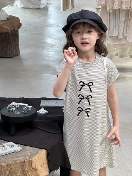 Váy cotton kẻ ngang hoạ tiết nơ dáng chữ A