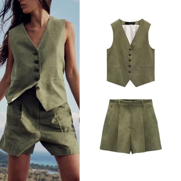 Bộ Zara linen áo vest gile kèm quần short 3 màu