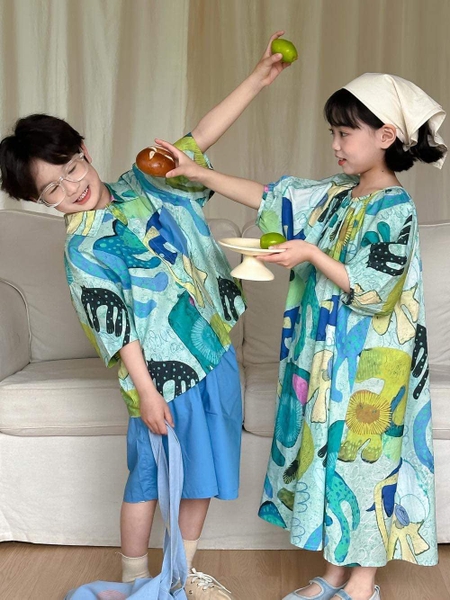 Váy maxi tay lỡ cho bé gái hoạ tiết màu xanh