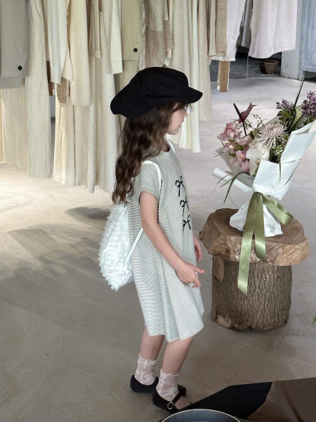 Váy cotton kẻ ngang hoạ tiết nơ dáng chữ A