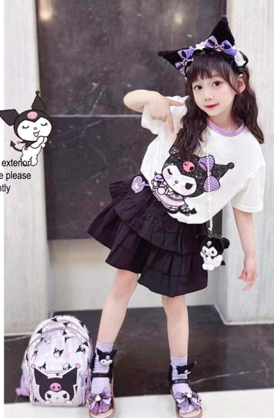 Set bộ áo cotton Kuromi chân váy tầng kèm túi