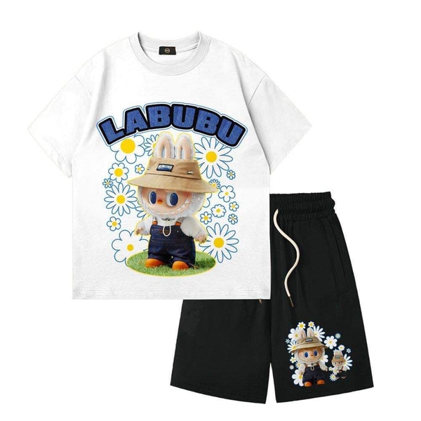 Bộ cotton cộc tay Tilani Labubu màu trắng quần đen