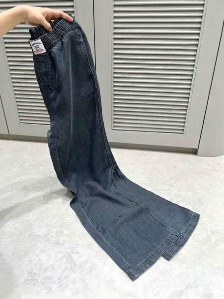 Quần jean denim xám khói cạp chun ống suông cho nữ