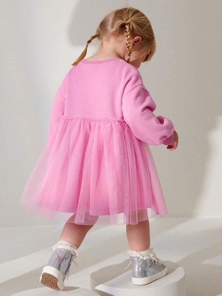 Váy nỉ phối ren dài tay màu hồng thêu thỏ Little Maven
