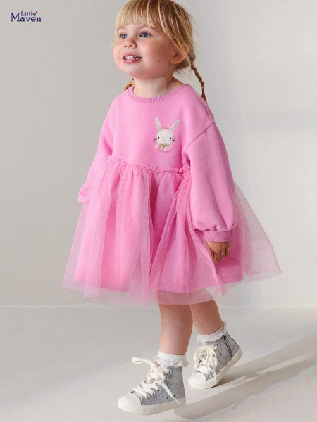 Váy nỉ phối ren dài tay màu hồng thêu thỏ Little Maven
