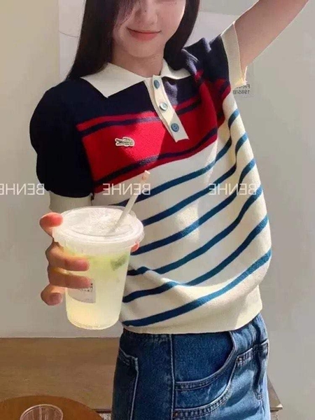 Áo Lacoste mongtogi cổ polo kẻ ngang 2 màu navy, hồng