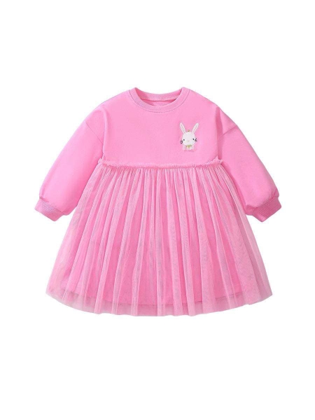 Váy nỉ phối ren dài tay màu hồng thêu thỏ Little Maven